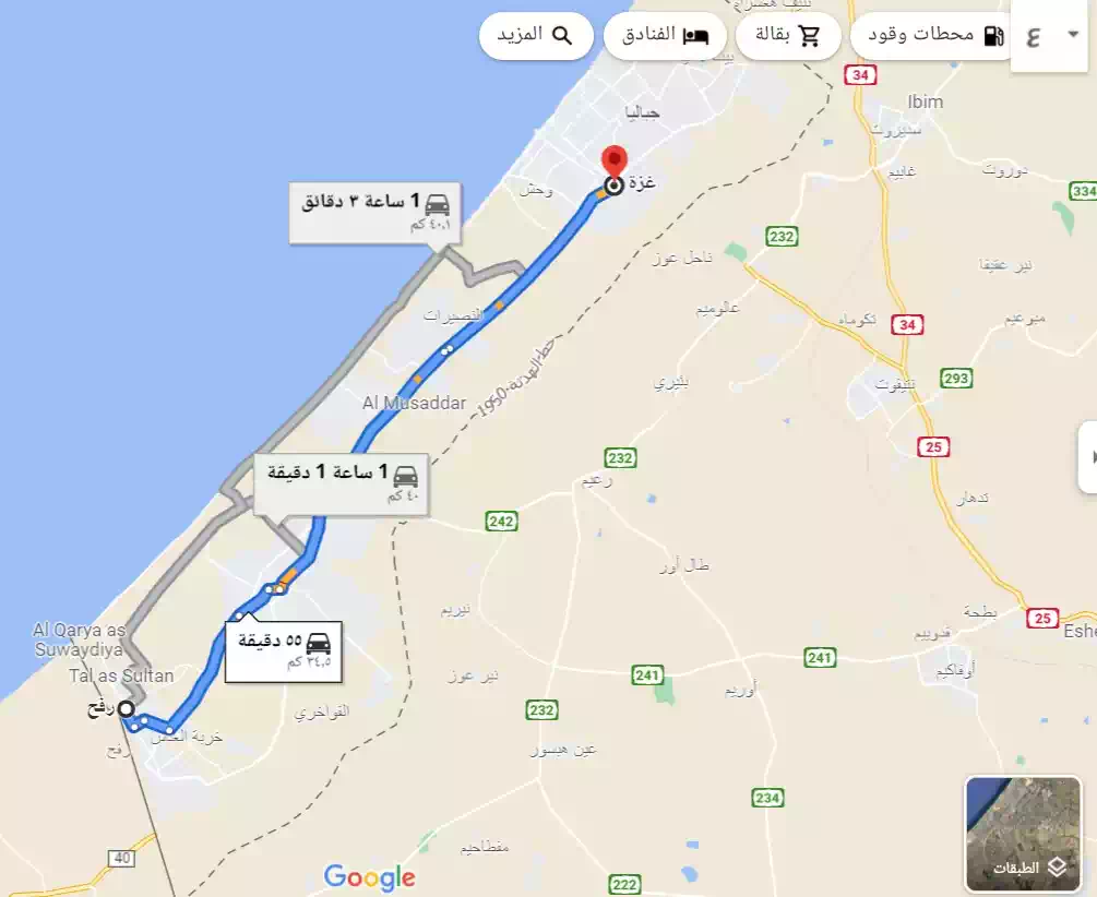 المسافة بين رفح وغزة على الخريطة